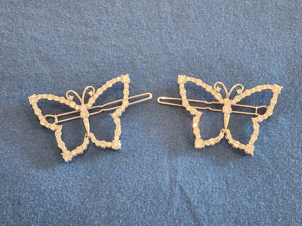 2 Bejeweled Rhinestone butterfly hair clips Silver Tone Believe by Brilliance